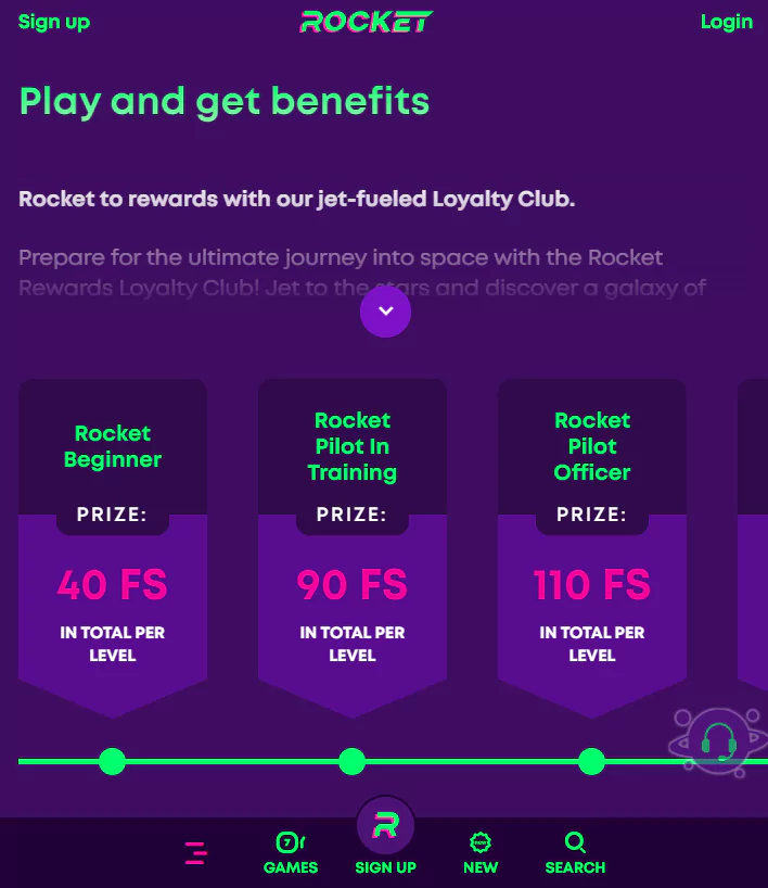 Screenshot of benefits on the official mobile casino website