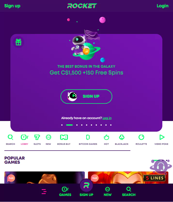 Screenshot of Rocket Casino official website in mobile version