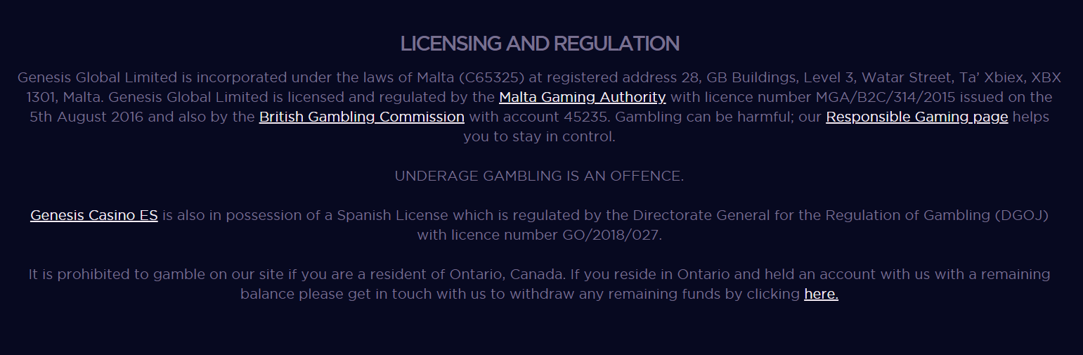 Screenshot of Licensing in PayPal Online Casino in Canada